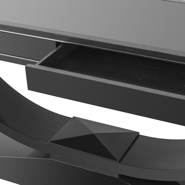 Detail of console in black laquer and stainless steel trim