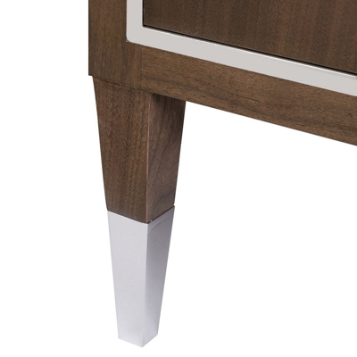Two drawer console in walnut with stainless steel trim and grey shagreen drawer fronts